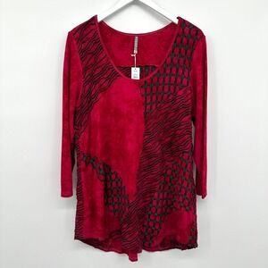 Nyah Tunic Top Shirt Size Large Stretch Textured Knit Artsy Boho Patchwork Red‎